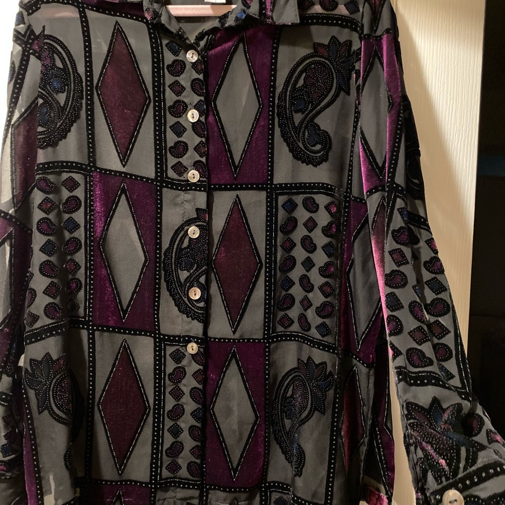 Vintage 90’s Velvet Burnout Whimsigoth Black Purple and Blue Button Down Size M